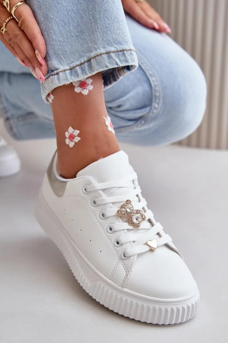 Online Boto Niskie Trampki Z Eko Skóry Z Przypinkami Biało-Srebrne Cillione