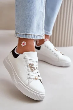 Boto Trampki Damskie Niskie|Sneakersy Damskie*Niskie Trampki Z Eko Skóry Z Przypinkami Biało-Czarne Cillione