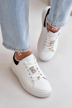Boto Trampki Damskie Niskie|Sneakersy Damskie*Niskie Trampki Z Eko Skóry Z Przypinkami Biało-Czarne Cillione