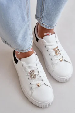 Boto Trampki Damskie Niskie|Sneakersy Damskie*Niskie Trampki Z Eko Skóry Z Przypinkami Biało-Czarne Cillione
