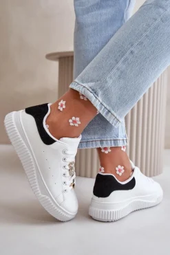 Boto Trampki Damskie Niskie|Sneakersy Damskie*Niskie Trampki Z Eko Skóry Z Przypinkami Biało-Czarne Cillione