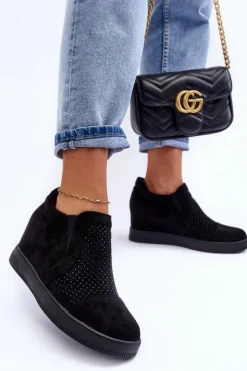 Damskie Boto Niskie Zamszowe Zdobione Botki Damskie Czarne Afarena