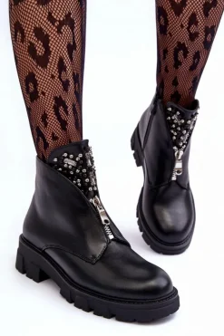 Online Boto Niskie Zdobione Skórzane Botki Z Suwakiem Czarne Escika