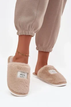 Boto Kapcie Klasyczne*Obuwie Domowe Kapcie Damskie Futrzane Beżowe Maelis Beżowy