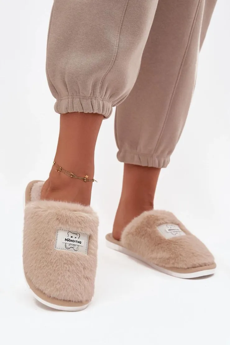 Boto Kapcie Klasyczne*Obuwie Domowe Kapcie Damskie Futrzane Beżowe Maelis Beżowy