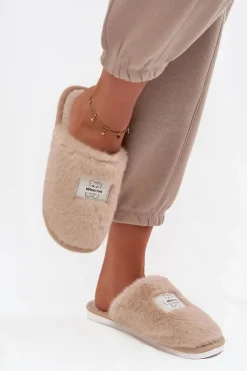 Boto Kapcie Klasyczne*Obuwie Domowe Kapcie Damskie Futrzane Beżowe Maelis Beżowy