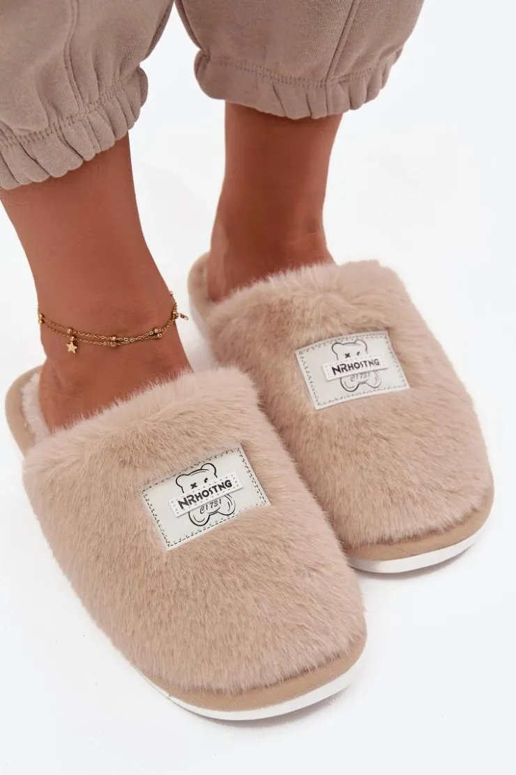 Boto Kapcie Klasyczne*Obuwie Domowe Kapcie Damskie Futrzane Beżowe Maelis Beżowy