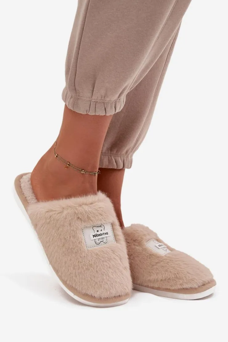 Boto Kapcie Klasyczne*Obuwie Domowe Kapcie Damskie Futrzane Beżowe Maelis Beżowy