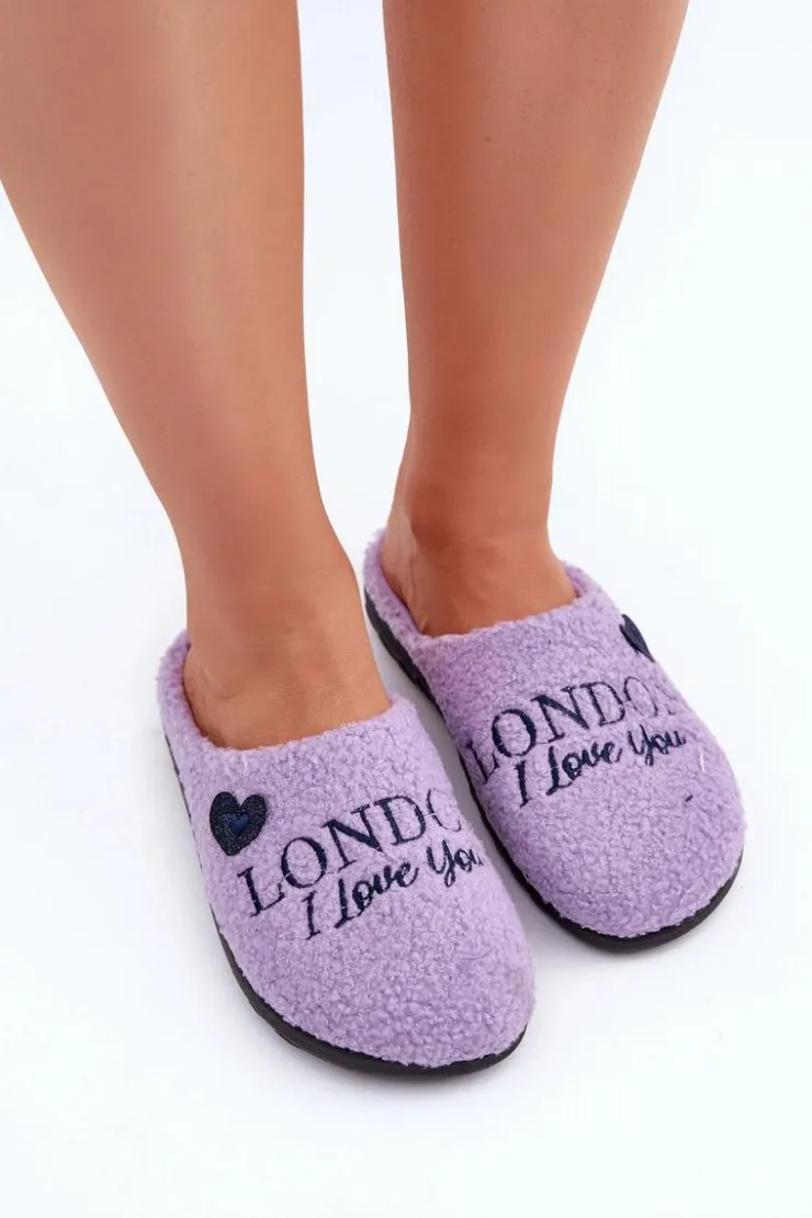 INBLU Kapcie Klasyczne|Klapki Damskie Klasyczne*Obuwie Domowe Kapcie Damskie Z Napisem I Futerkiem Typu Baranek ET000027 Fioletowe
