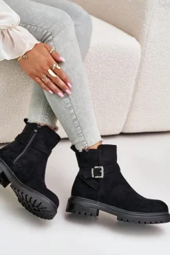 Clearance Boto Ocieplane Botki Eko Zamszowe Na Zamek Z Klamrą Czarne Zinovelle