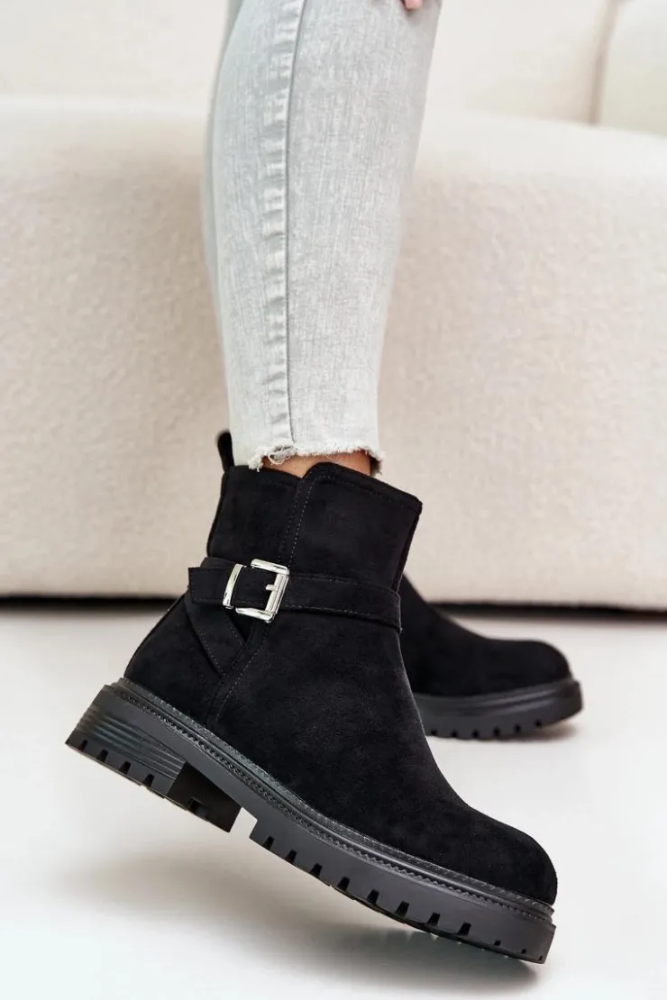 Clearance Boto Ocieplane Botki Eko Zamszowe Na Zamek Z Klamrą Czarne Zinovelle