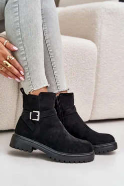 Clearance Boto Ocieplane Botki Eko Zamszowe Na Zamek Z Klamrą Czarne Zinovelle
