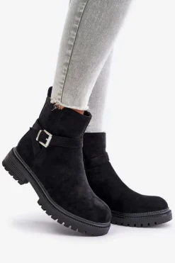 Clearance Boto Ocieplane Botki Eko Zamszowe Na Zamek Z Klamrą Czarne Zinovelle