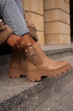 Damskie Boto Ocieplane Botki Damskie Eko Skórzane Ze Złotą Ozdobą Beżowe Erivianes