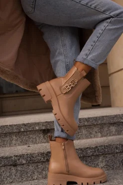 Damskie Boto Ocieplane Botki Damskie Eko Skórzane Ze Złotą Ozdobą Beżowe Erivianes