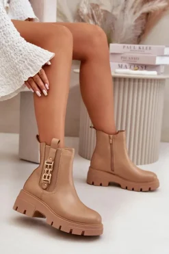 Damskie Boto Ocieplane Botki Damskie Eko Skórzane Ze Złotą Ozdobą Beżowe Erivianes