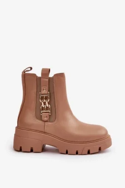 Damskie Boto Ocieplane Botki Damskie Eko Skórzane Ze Złotą Ozdobą Beżowe Erivianes