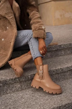 Damskie Boto Ocieplane Botki Damskie Eko Skórzane Ze Złotą Ozdobą Beżowe Erivianes