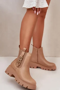 Damskie Boto Ocieplane Botki Damskie Eko Skórzane Ze Złotą Ozdobą Beżowe Erivianes