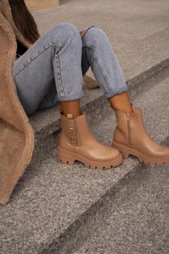 Damskie Boto Ocieplane Botki Damskie Eko Skórzane Ze Złotą Ozdobą Beżowe Erivianes