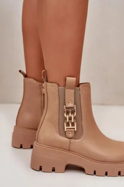 Damskie Boto Ocieplane Botki Damskie Eko Skórzane Ze Złotą Ozdobą Beżowe Erivianes