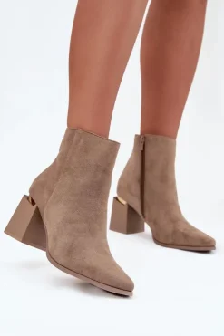 Hot Boto Ocieplane Botki Damskie Na Słupku Z Eko Zamszu Beżowe Brivelle