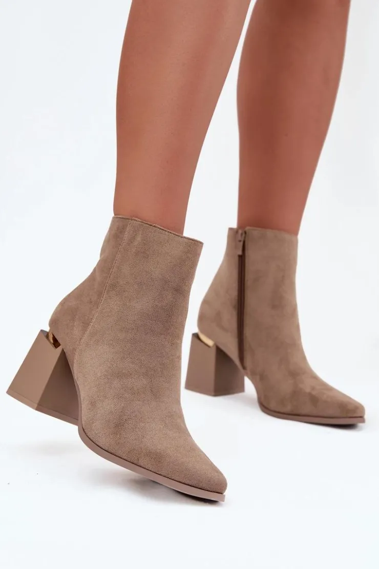 Hot Boto Ocieplane Botki Damskie Na Słupku Z Eko Zamszu Beżowe Brivelle