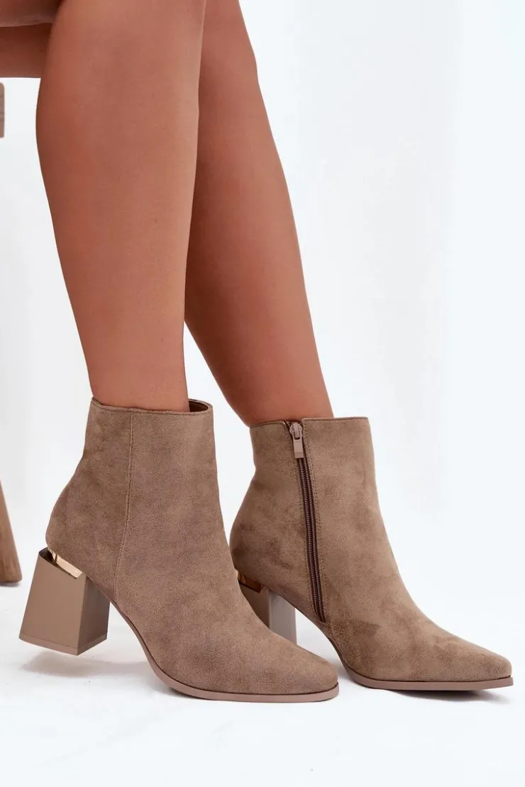 Hot Boto Ocieplane Botki Damskie Na Słupku Z Eko Zamszu Beżowe Brivelle