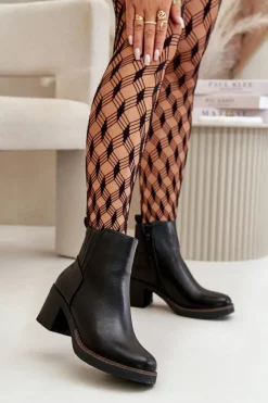 Best Boto Ocieplane Botki Damskie Na Słupku Eko Skórzane Czarne Irittes