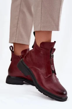 Damskie Boto Ocieplane Botki Damskie Na Zamek Z Ozdobnym Detalem Bordowe Roselle