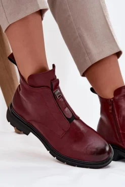 Damskie Boto Ocieplane Botki Damskie Na Zamek Z Ozdobnym Detalem Bordowe Roselle