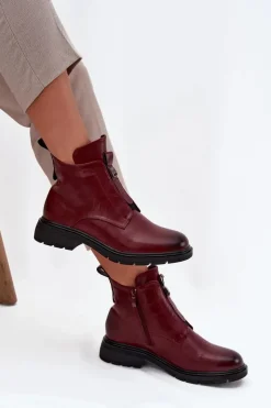Damskie Boto Ocieplane Botki Damskie Na Zamek Z Ozdobnym Detalem Bordowe Roselle