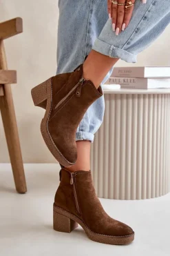 Damskie Boto Ocieplane Botki Damskie Na Słupku Z Eko Zamszu Ciemnobrązowe Velarilla