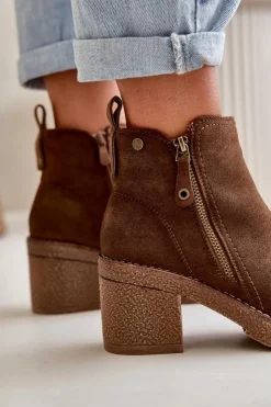 Damskie Boto Ocieplane Botki Damskie Na Słupku Z Eko Zamszu Ciemnobrązowe Velarilla