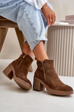 Damskie Boto Ocieplane Botki Damskie Na Słupku Z Eko Zamszu Ciemnobrązowe Velarilla