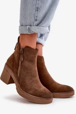 Damskie Boto Ocieplane Botki Damskie Na Słupku Z Eko Zamszu Ciemnobrązowe Velarilla