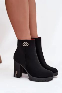 Boto Botki Ocieplane|Botki Na Słupku*Ocieplane Botki Damskie Na Słupku Z Ozdobnym Detalem Czarne Vessara