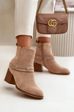 Hot Boto Ocieplane Botki Damskie Na Słupku Z Łańcuszkiem Eko Zamszowe Beżowe Hanalen