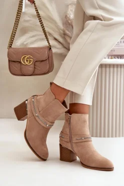 Hot Boto Ocieplane Botki Damskie Na Słupku Z Łańcuszkiem Eko Zamszowe Beżowe Hanalen