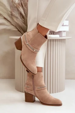 Hot Boto Ocieplane Botki Damskie Na Słupku Z Łańcuszkiem Eko Zamszowe Beżowe Hanalen