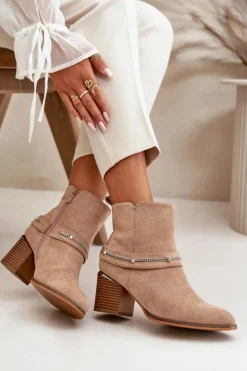Hot Boto Ocieplane Botki Damskie Na Słupku Z Łańcuszkiem Eko Zamszowe Beżowe Hanalen