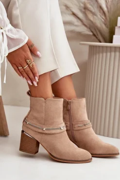 Hot Boto Ocieplane Botki Damskie Na Słupku Z Łańcuszkiem Eko Zamszowe Beżowe Hanalen