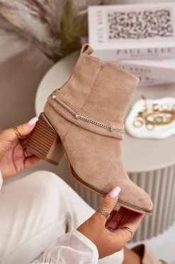 Hot Boto Ocieplane Botki Damskie Na Słupku Z Łańcuszkiem Eko Zamszowe Beżowe Hanalen