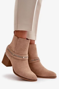 Hot Boto Ocieplane Botki Damskie Na Słupku Z Łańcuszkiem Eko Zamszowe Beżowe Hanalen