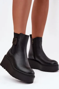 Damskie Buty damskie Vinceza Ocieplane Botki Damskie Na Koturnie Z Ozdobnym Detalem Vinceza 58551 Czarne