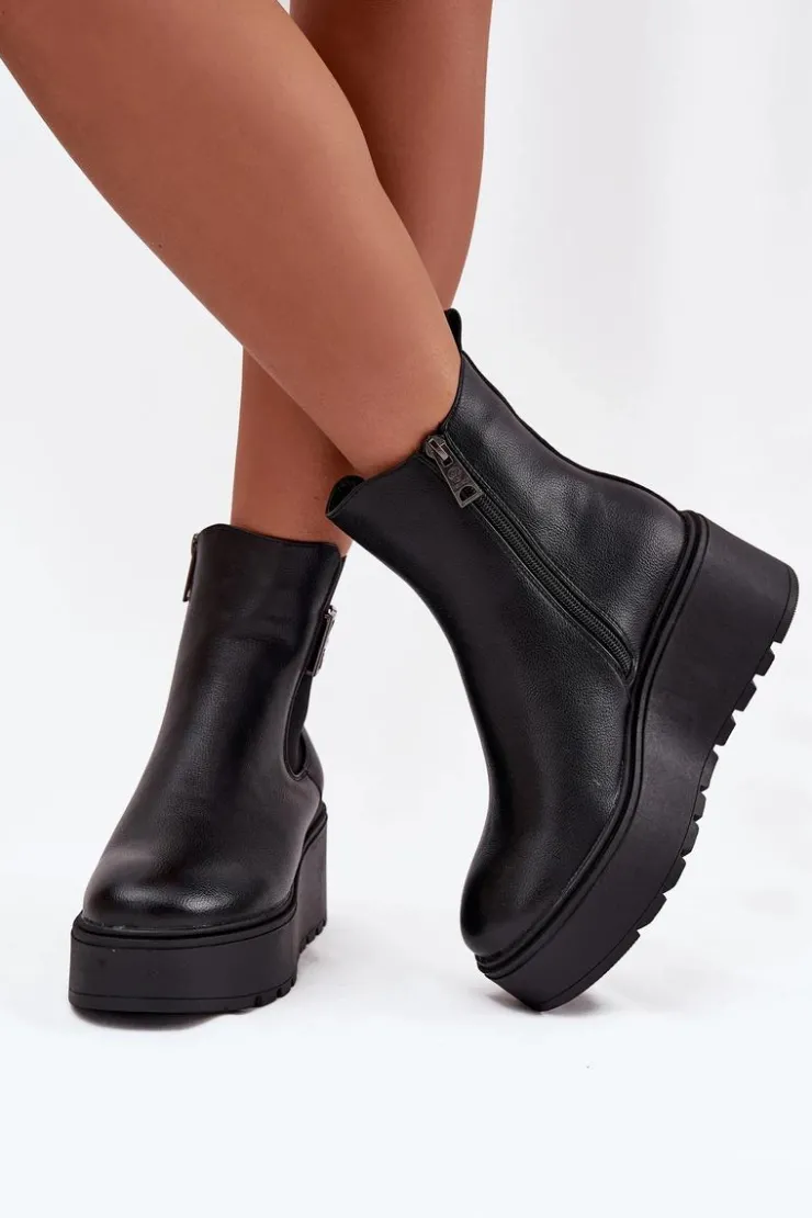 Damskie Buty damskie Vinceza Ocieplane Botki Damskie Na Koturnie Z Ozdobnym Detalem Vinceza 58551 Czarne