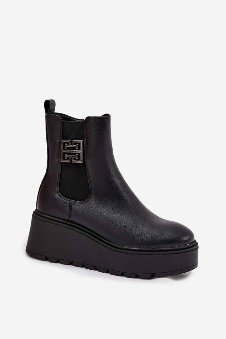 Damskie Buty damskie Vinceza Ocieplane Botki Damskie Na Koturnie Z Ozdobnym Detalem Vinceza 58551 Czarne