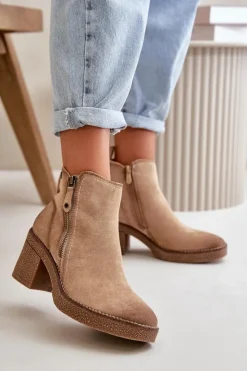 Boto Botki Ocieplane|Brązowe I Beżowe Botki*Ocieplane Botki Damskie Na Słupku Z Eko Zamszu Beżowe Velarilla