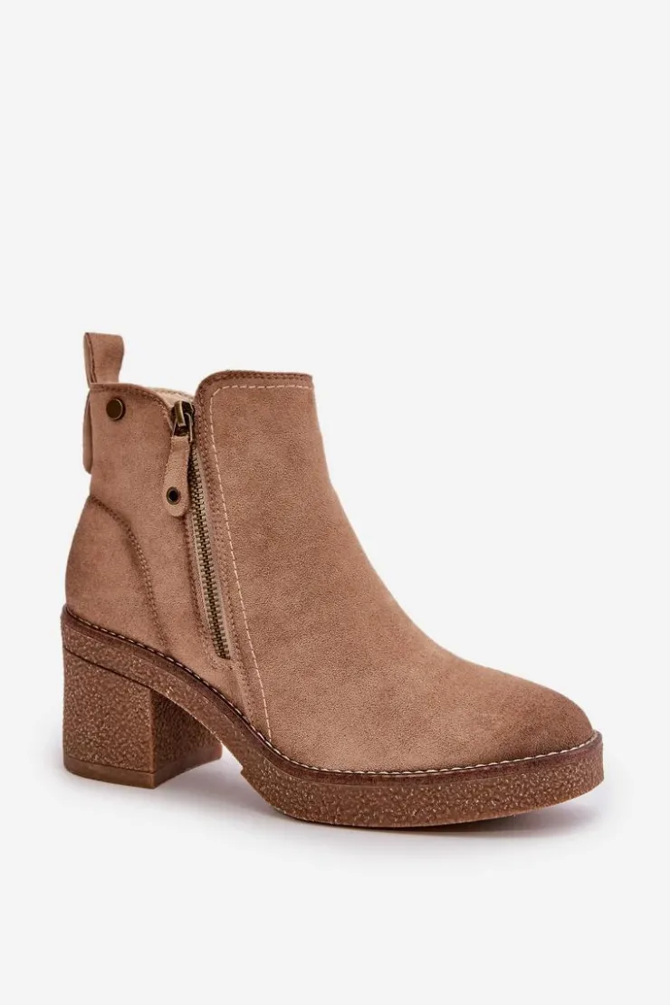 Boto Botki Ocieplane|Brązowe I Beżowe Botki*Ocieplane Botki Damskie Na Słupku Z Eko Zamszu Beżowe Velarilla