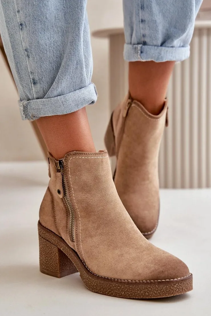 Boto Botki Ocieplane|Brązowe I Beżowe Botki*Ocieplane Botki Damskie Na Słupku Z Eko Zamszu Beżowe Velarilla